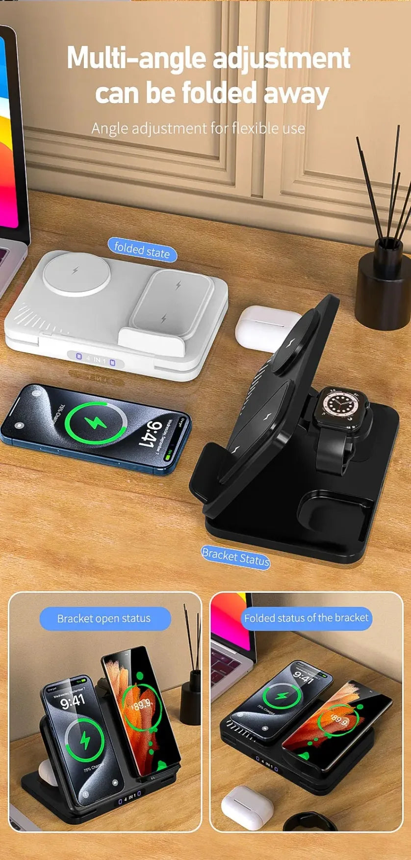 Cargador Inalámbrico 4 en 1 para Dos Teléfonos, Compatible con iPhone 17~12, Samsung S25, Xiaomi, Airpods Pro, Apple Watch 11~2, Carga Rápida Magnética