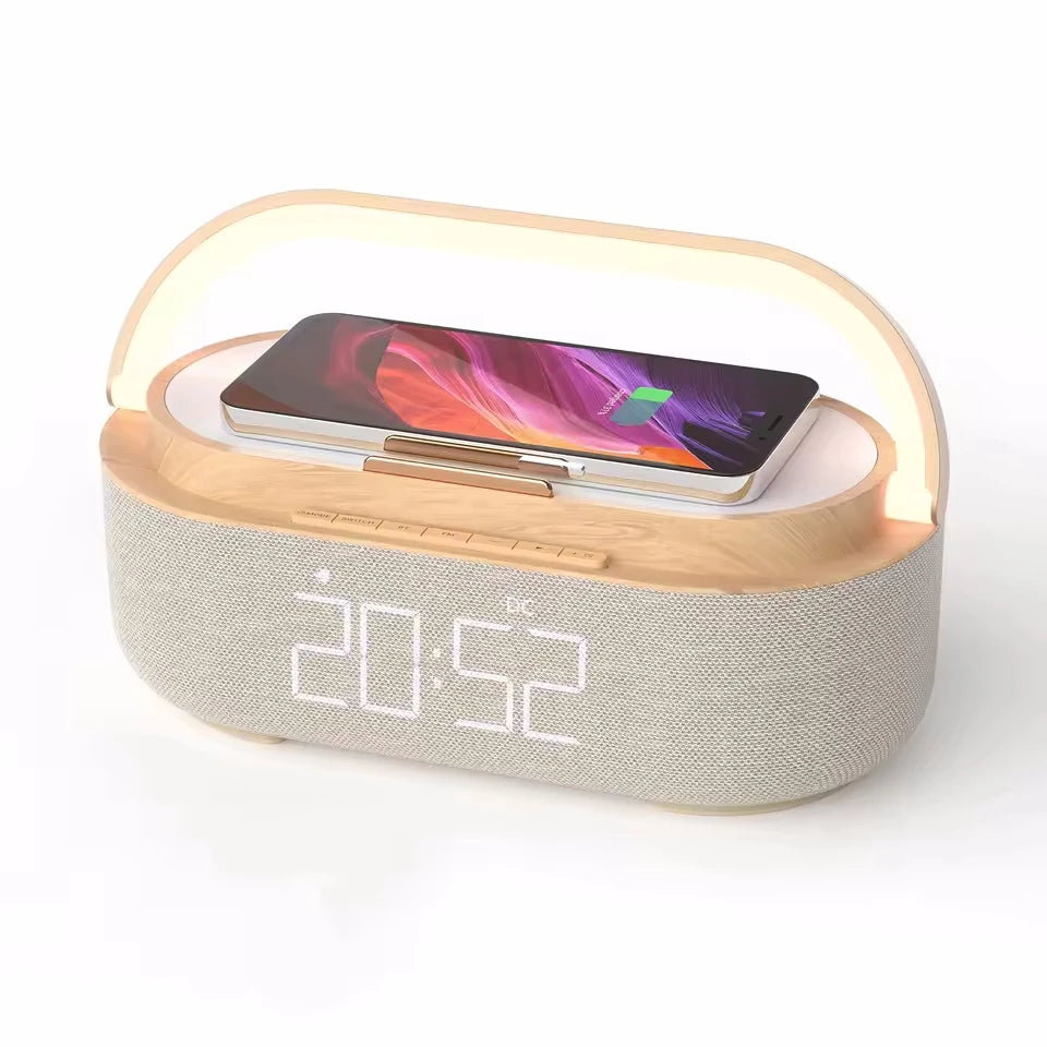 Altavoz Bluetooth portátil con carga inalámbrica, Radio FM, despertador, caja De sonido, música, cargador, lámpara, luz nocturna, Bocina