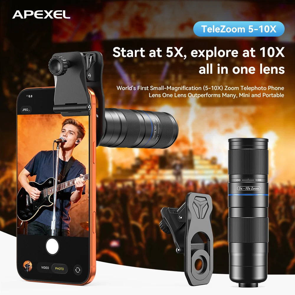 Lente Zoom Telescopio HD 5x-10x APEXEL para Smartphones