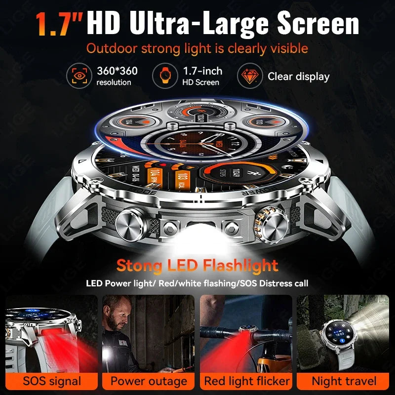 Reloj Inteligente Militar con Linterna Bluetooth 2026
