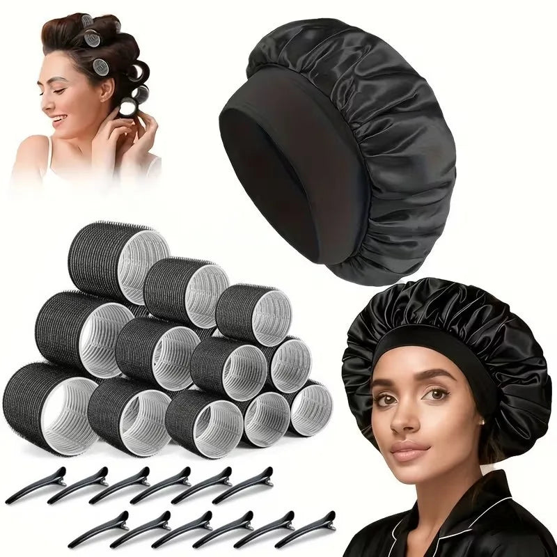 Set de 31 Piezas de Rizadores de Cabello sin Calor con 18 Rodillos Autoadherentes, 12 Pinzas y Gorro de Satén para Ondas Naturales Durante la Noche