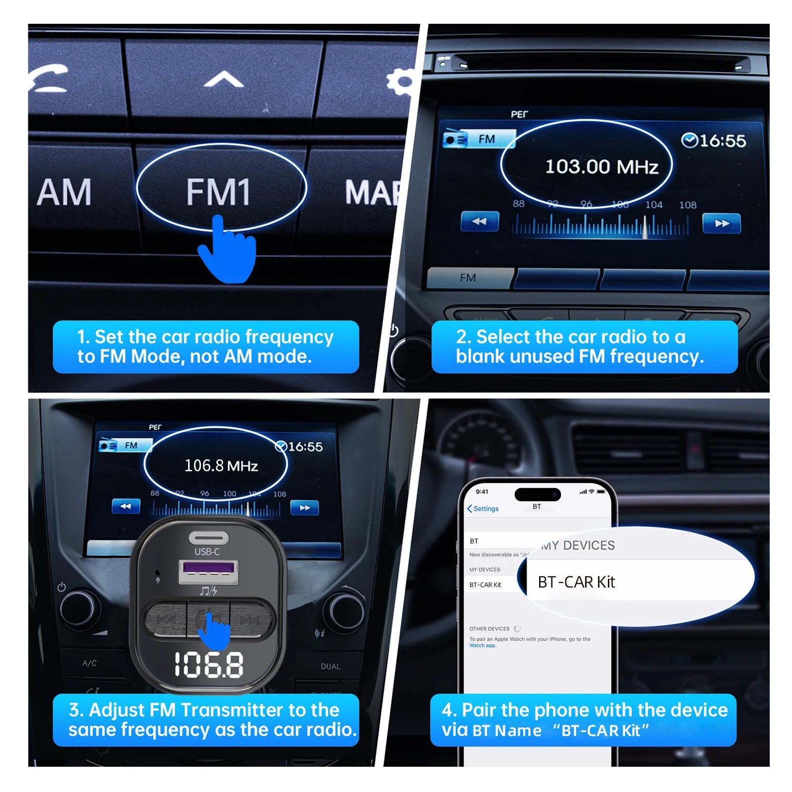 Transmisor FM Bluetooth 5.3 para Auto con Cargador USB 30W y Reproductor MP3