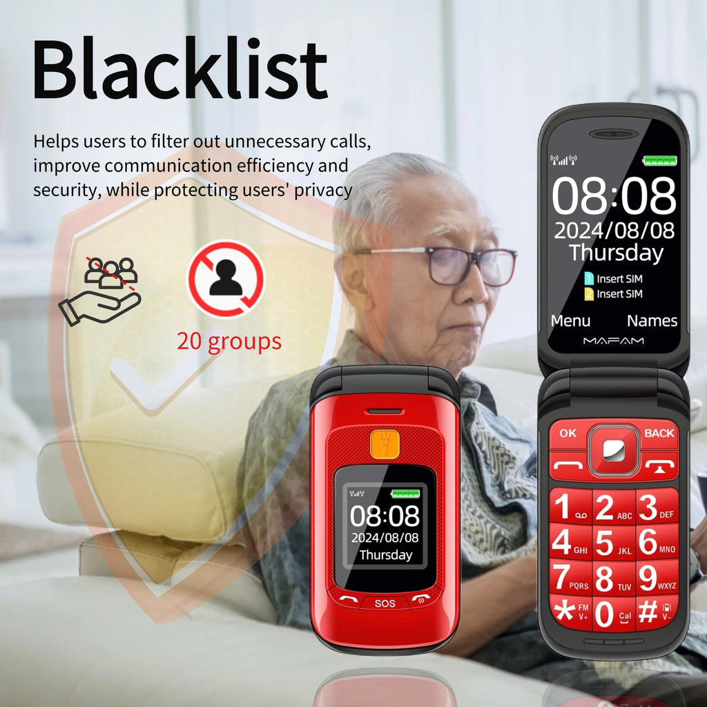 Mafam F899 Senior Flip Feature Phone Dos pantallas 2 Sim Botón grande SOS Dial Antorcha Clamshell Móvil Estilo retro 15 días Larga modo de reposo