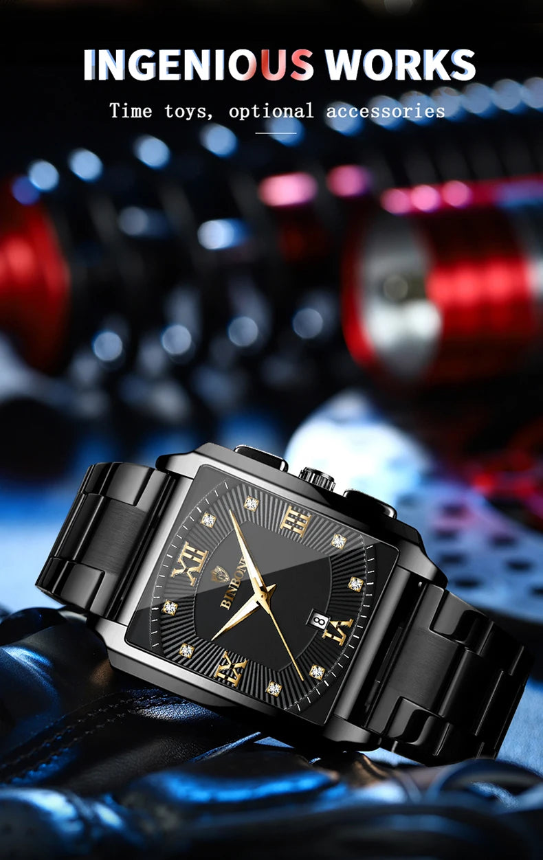 Reloj de Cuarzo Analógico de Lujo BINBOND para Hombre Esfera Cuadrada