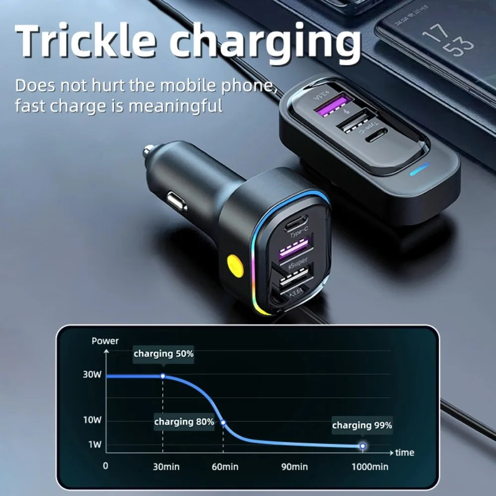 Cargador USB de 6 Puertos para Auto con Extensión para Asientos Traseros