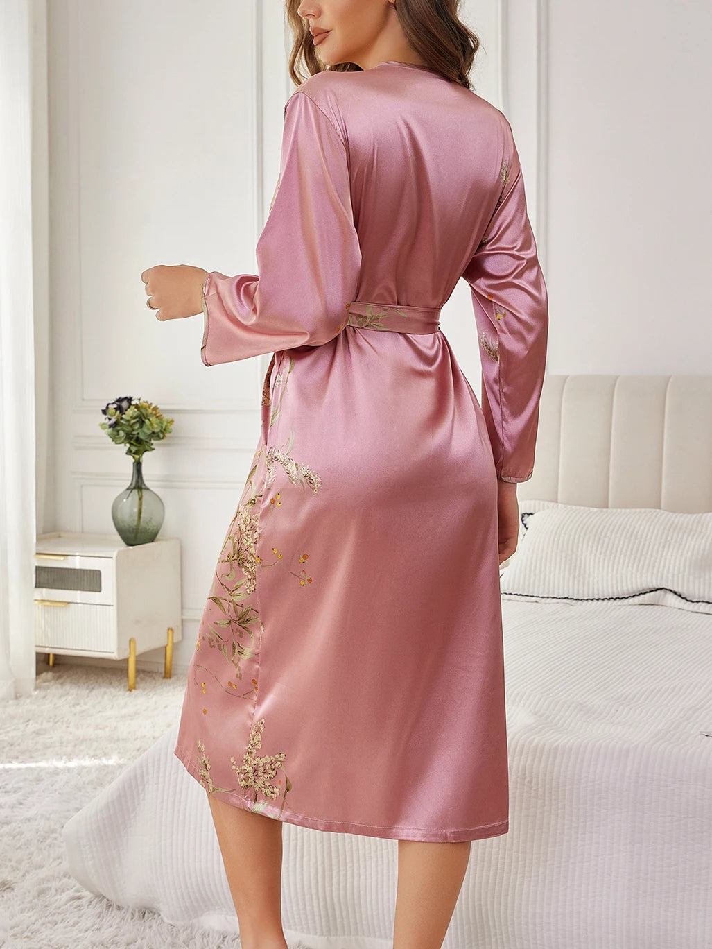 ‌   Conjunto de ropa de descanso floral de satén de seda, bata con cinturón, camisola, camisón, ropa de dormir elegante de dos piezas para todas las estaciones