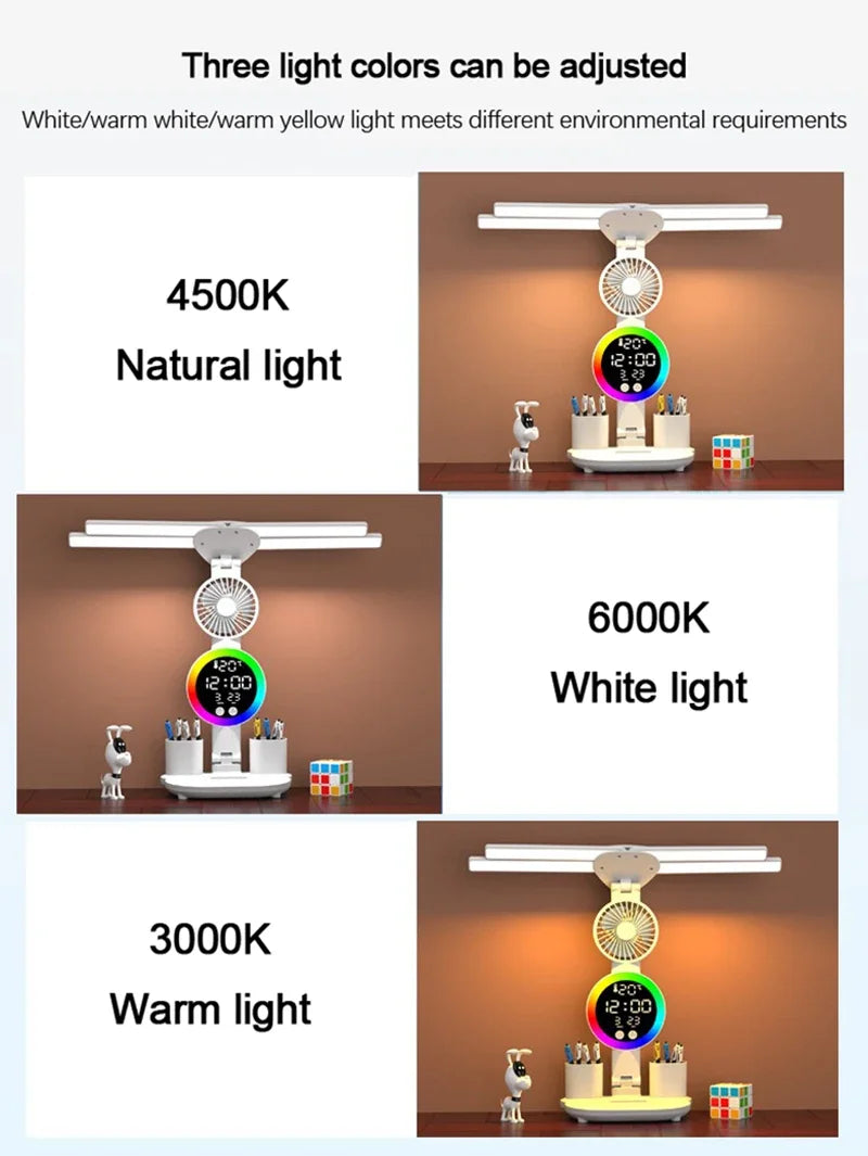 Lámpara de mesa recargable para estudio, lámpara de escritorio, luz de lectura, luz de mesa Led con ventilador, lámpara de lectura de pantalla de reloj Led