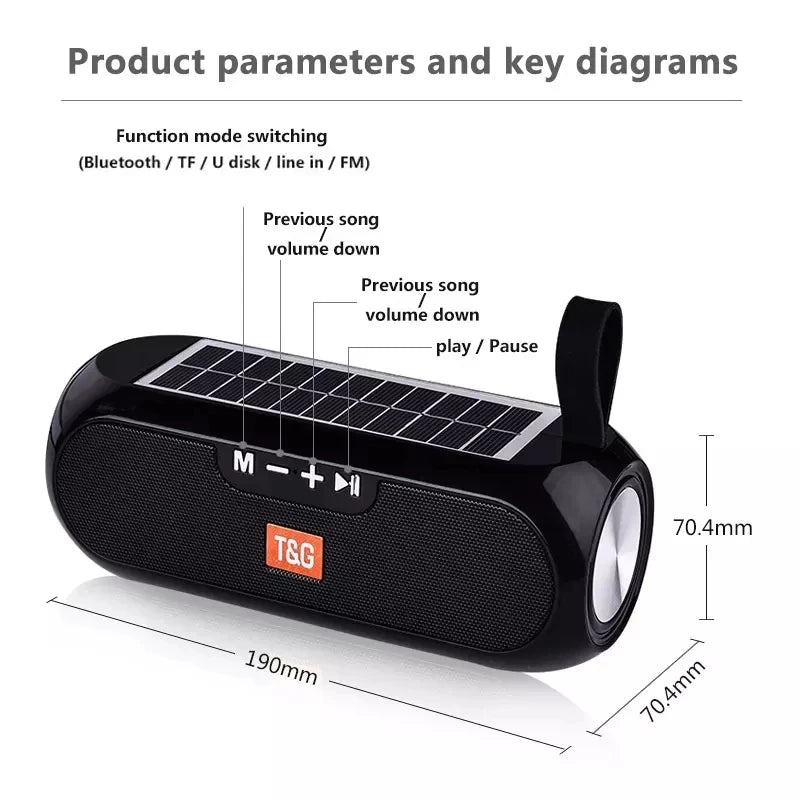 Radio Solar FM para exteriores, altavoz inalámbrico portátil con Bluetooth, caja de sonido de música, Subwoofer, bajo, Aux, PC, TV, ordenador, TV, estéreo Hifi, Mp3
