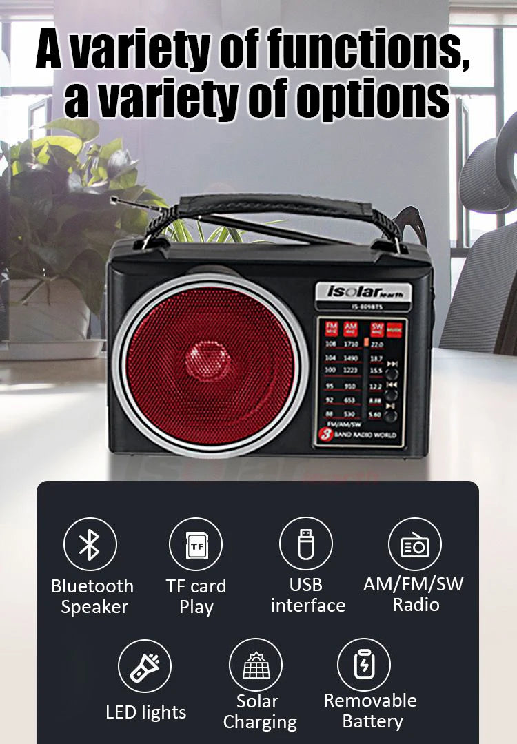 Radio portátil FM/AM/SW solar de emergencia con altavoz Bluetooth