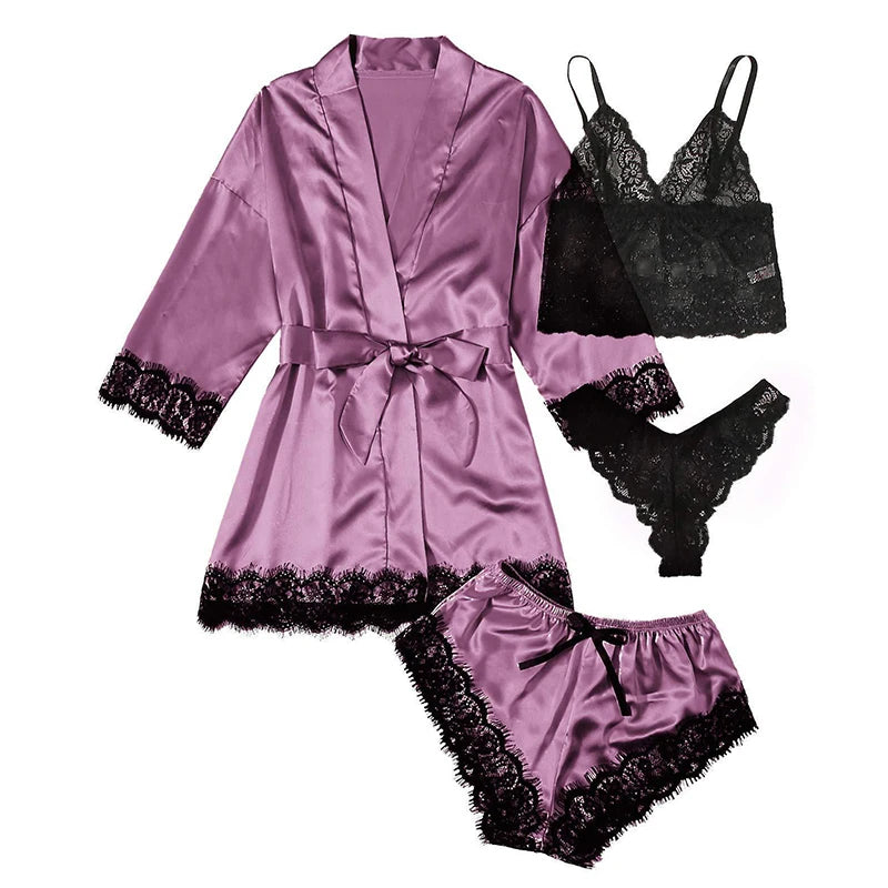 Conjunto de pantalones de pijama sexys de verano para mujer, 4 piezas de satén de encaje con bata de dormir de seda, ropa de dormir cómoda y a la moda