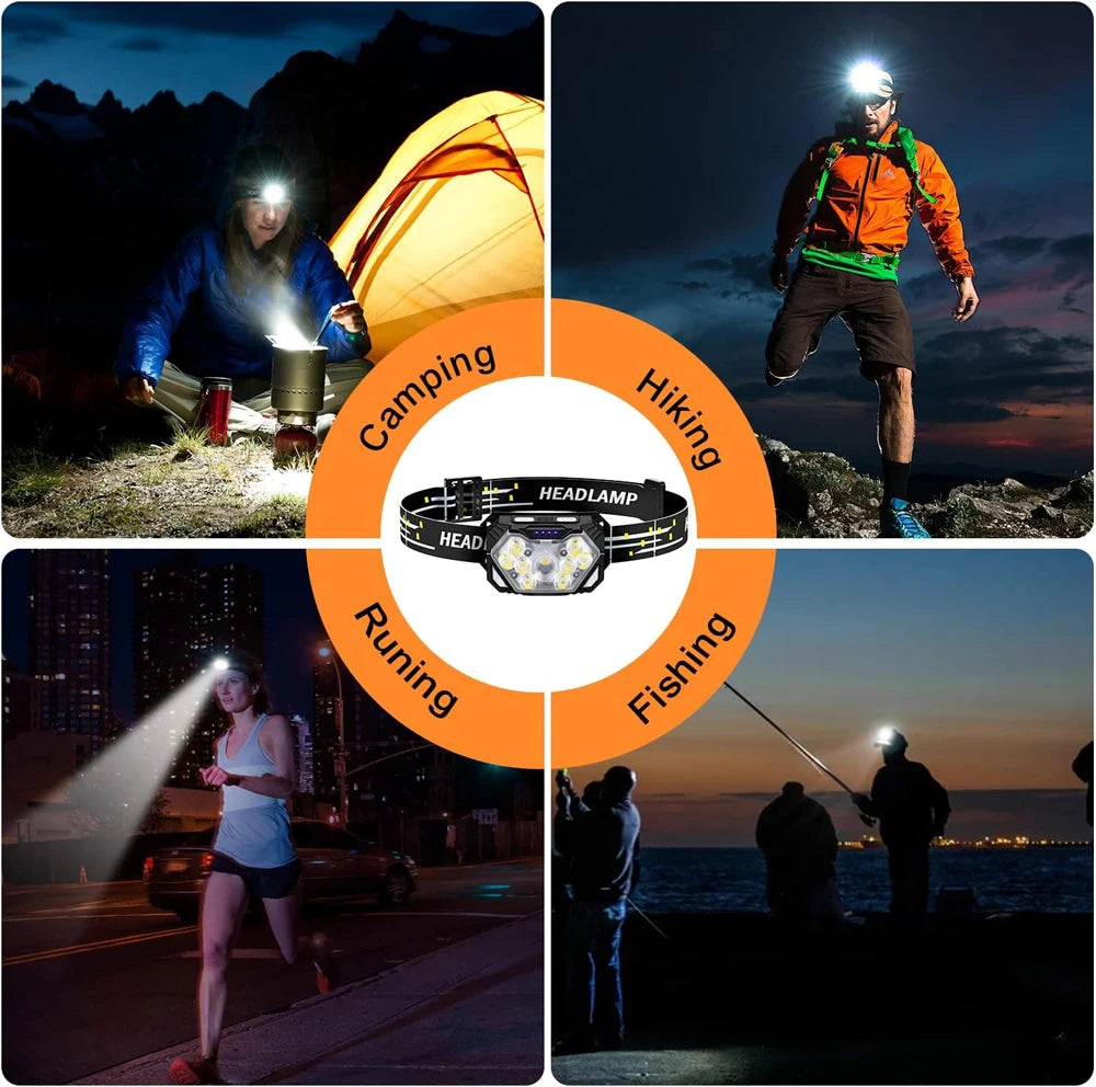 Linterna frontal 9 LED recargable USB con sensor movimiento