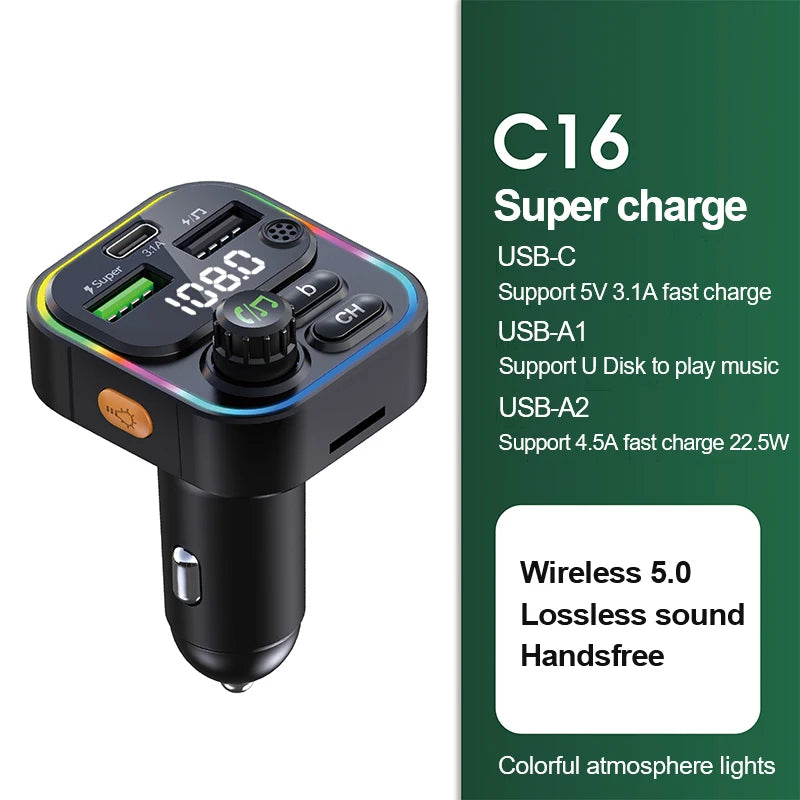 Transmisor FM Bluetooth 5.0 para Auto con Carga Rápida USB