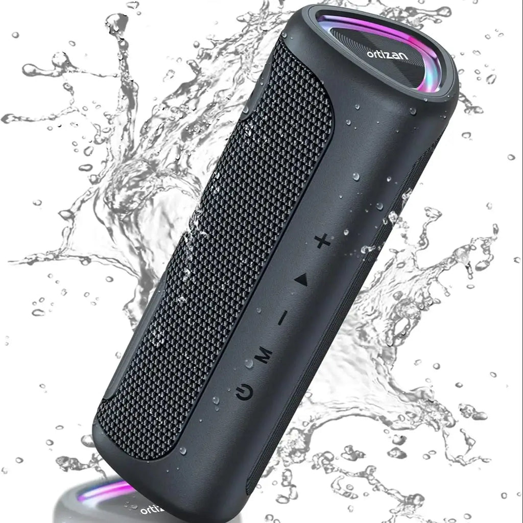 Altavoz Bluetooth Ortizan M7 portátil, sonido potente de 24W, graves ricos, resistente al agua IPX7, tiempo de reproducción 30H, luces coloridas