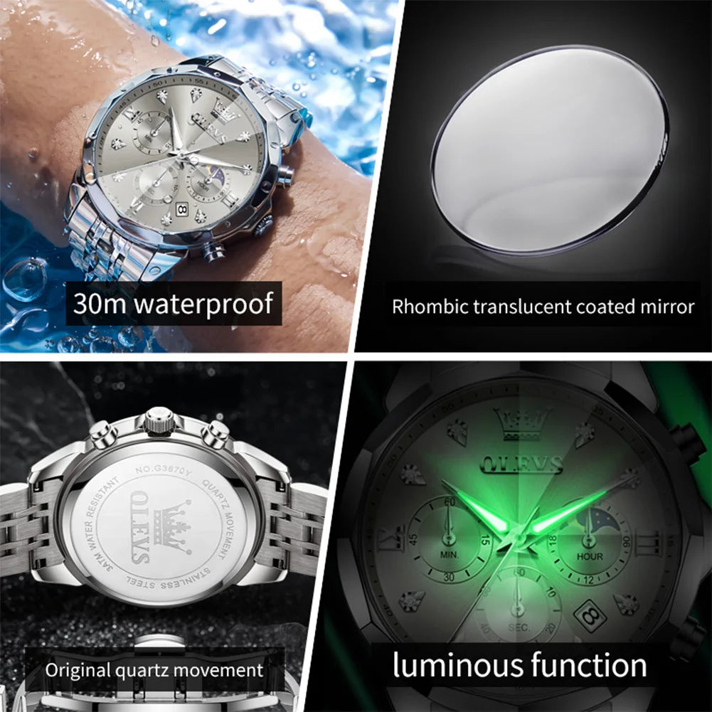 Reloj OLEVS 3670 Cronógrafo para Hombre Fase Lunar Resistente al Agua