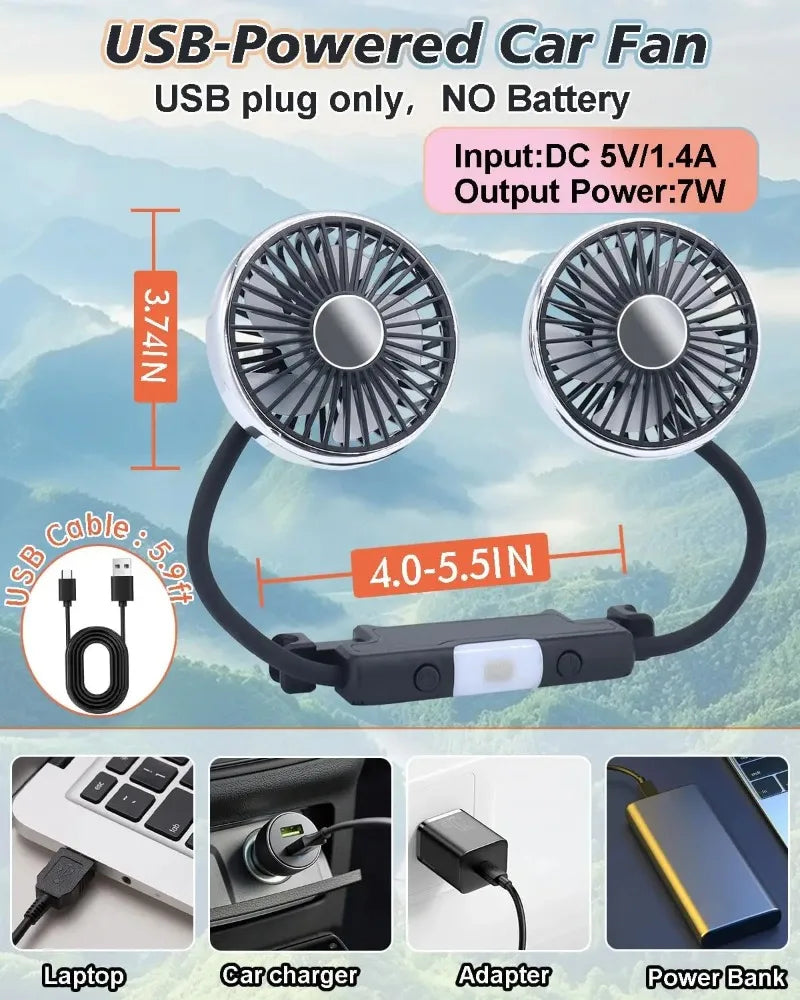 Ventilador Doble para Auto CheShan F310 con Luz LED, Manguera Flexible, 360° °   Accesorio de Refrigeración para Asientos de Auto, Multiángulo