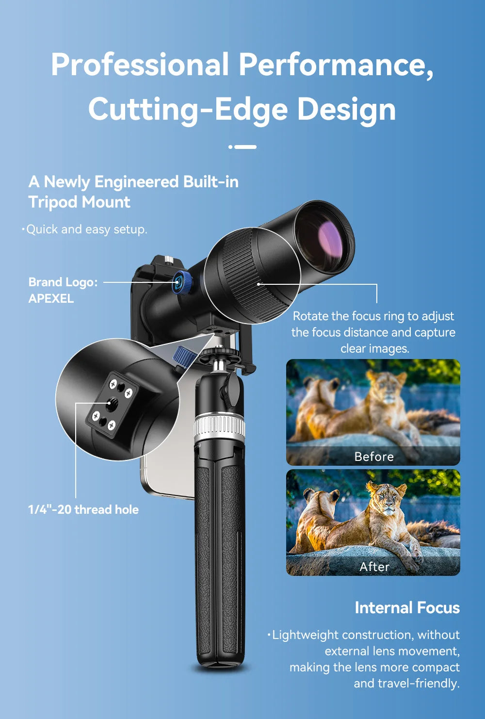 Lente Teleobjetivo Monocular APEXEL 30x para Smartphone con Trípode