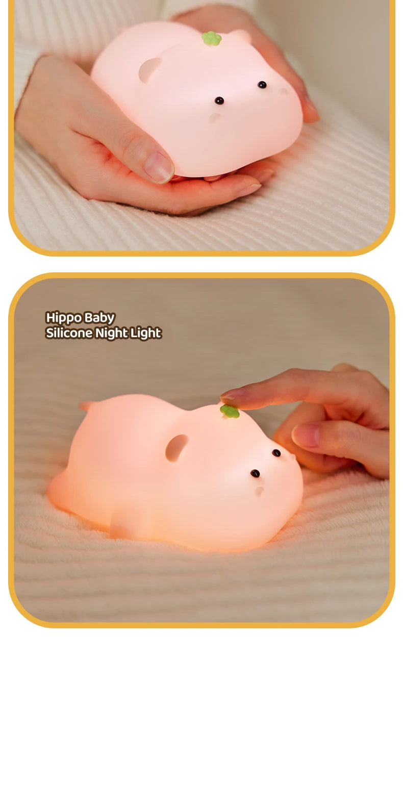 Luz nocturna de hipopótamo rosa para niños, Linda luz nocturna de silicona, carga USB, lámpara de sincronización táctil, decoración de escritorio, regalo