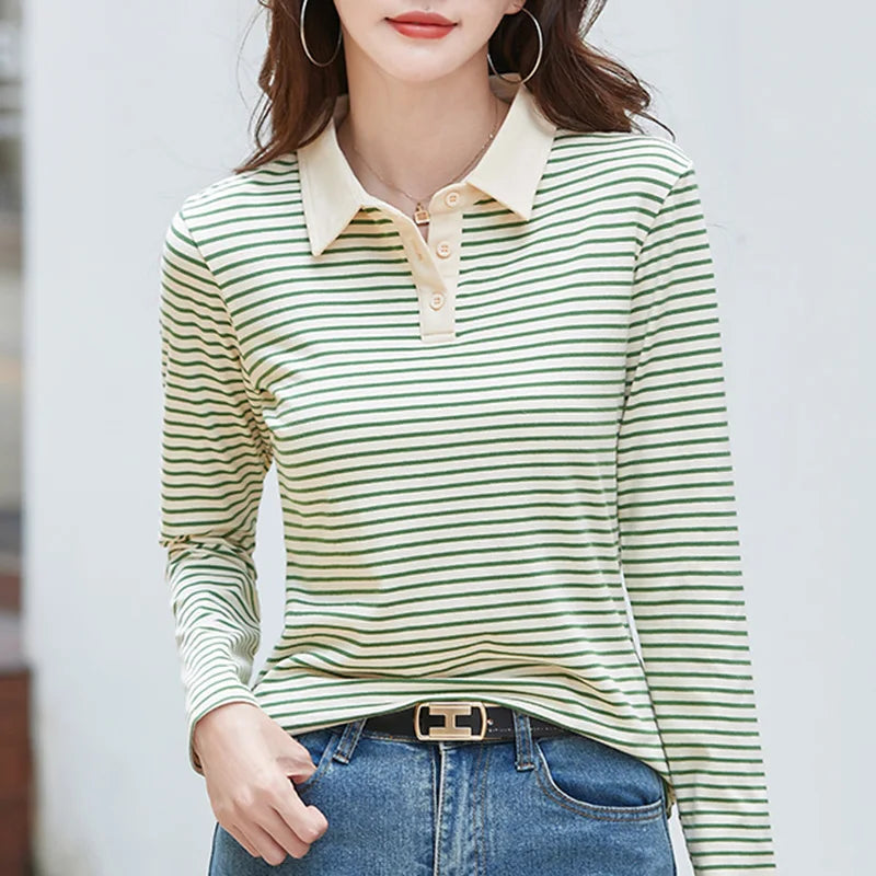 Polo de Manga Larga a Rayas de Estilo Coreano
