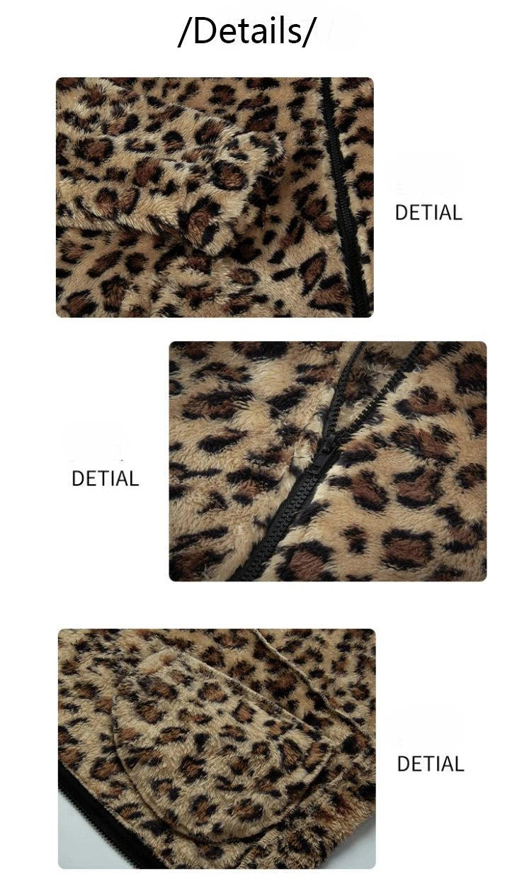 Otoño Invierno mujer moda abrigos con capucha manga larga estampado de leopardo de doble cara de felpa suelta cálida chaqueta gruesa abrigo con cremallera para mujer