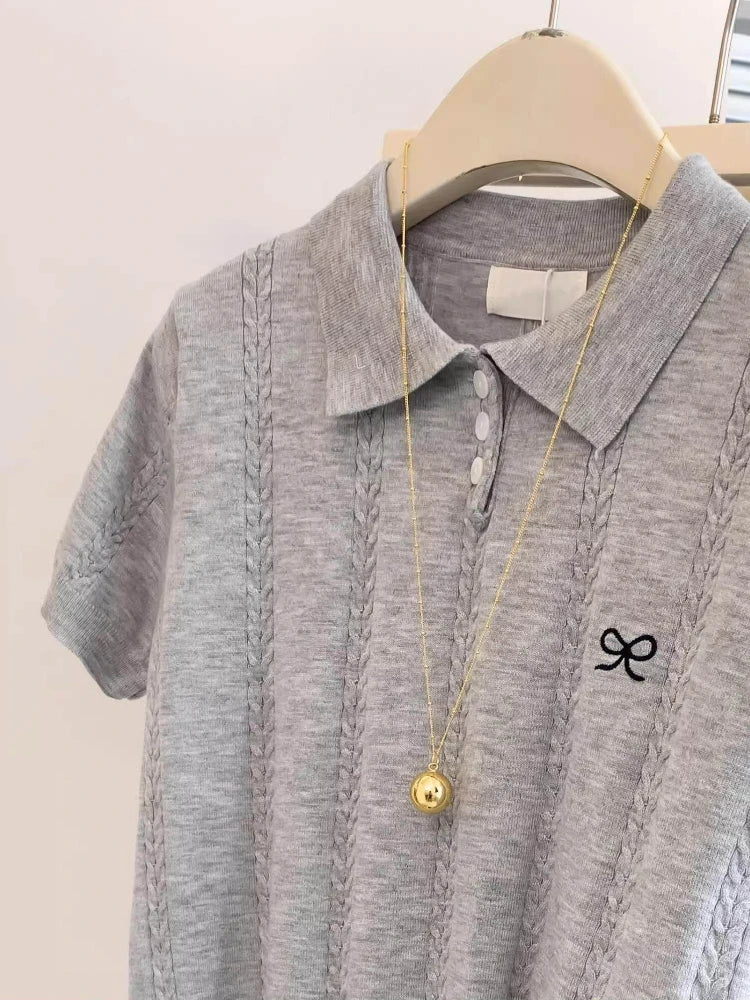 Camiseta de Punto con Cuello Polo y Bordado de Lazo, Manga Corta para Mujer