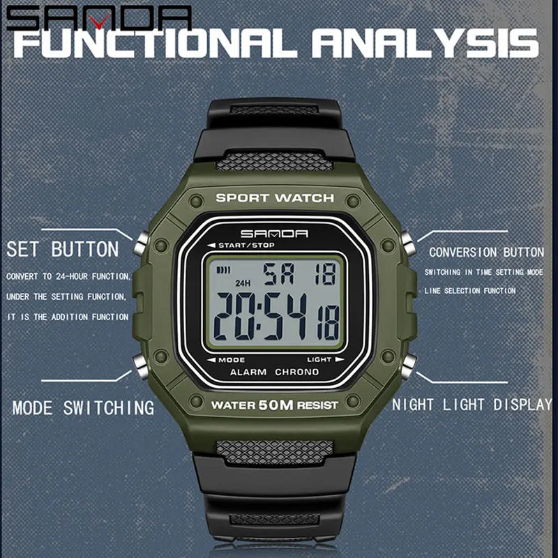SANDA 2156 reloj de moda para hombre, relojes deportivos militares resistentes al agua, relojes de pulsera digitales Led con esfera grande del ejército, cronómetros para hombre