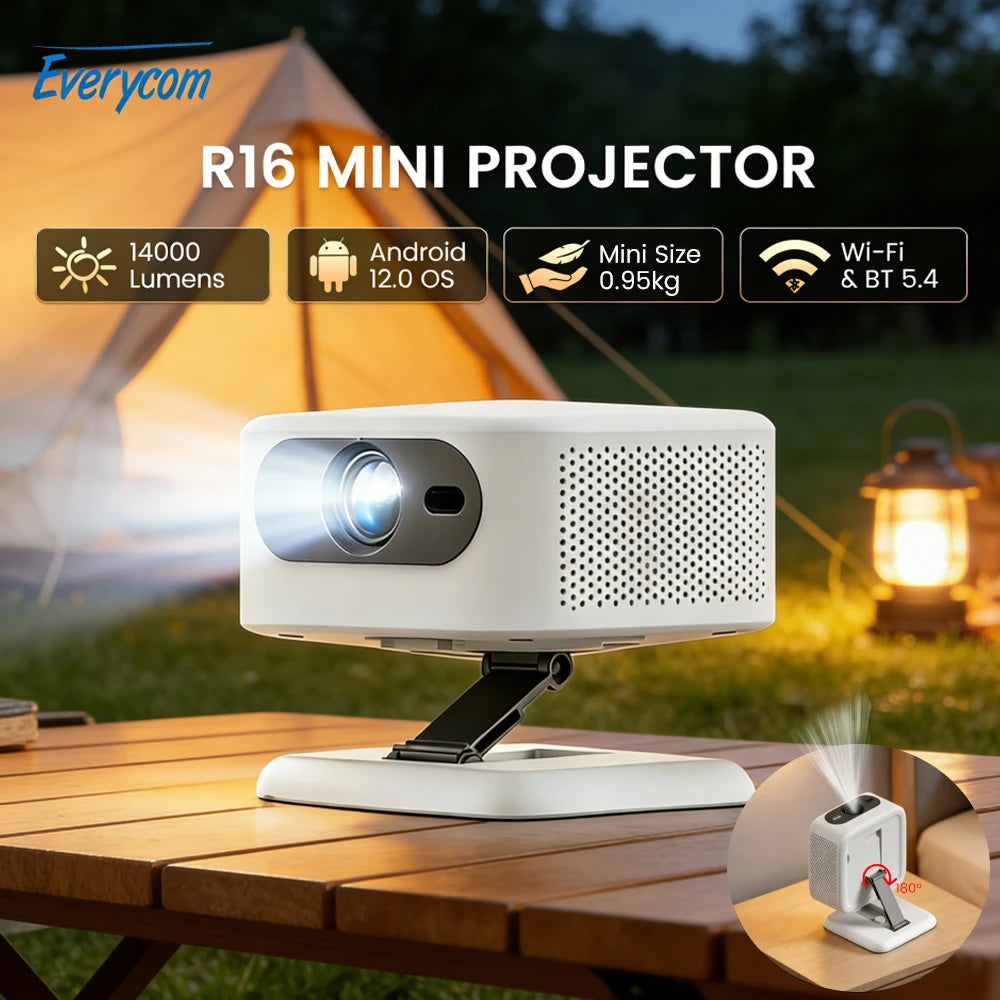 Mini Proyector Everycom SKY-R16 con Soporte, 14000 Lúmenes, Portátil, para Exteriores, Camping, Cine en Casa, Android 12, Smart LED Beam, PK HY320