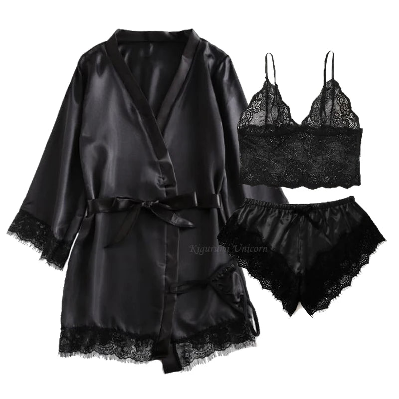 Pijama negro Sexy para mujer, Tops con tirantes de seda y encaje de 4 piezas, pantalones cortos, bata, conjunto de pijama, camisón, ropa interior, traje