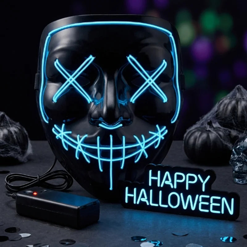 Máscara LED de neón iluminada inalámbrica para Halloween, máscara de terror, accesorio para disfraces de carnaval, cosplay y fiestas.