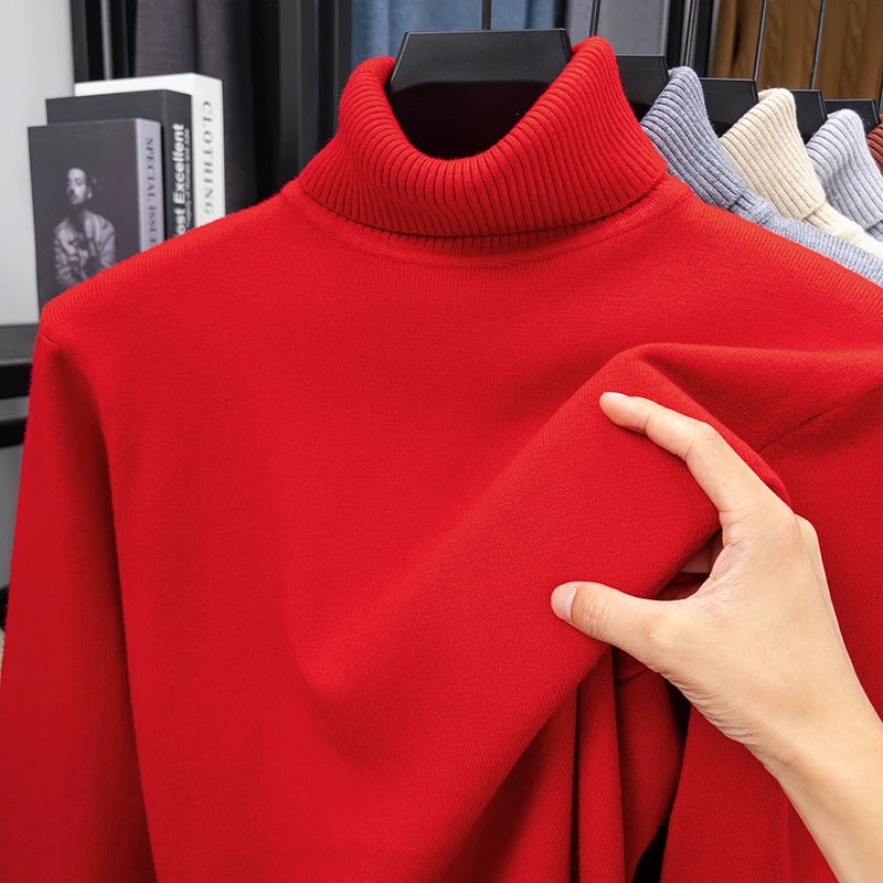 Otoño para hombre de alta calidad de punto suéter de cuello alto ajustado de manga larga anti-pilling jersey Color sólido tendencia hombres Streetwea