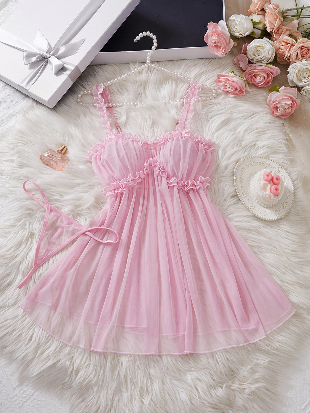 Babydoll Rosa con Encaje y Lazo, Conjunto de Lencería Sexy