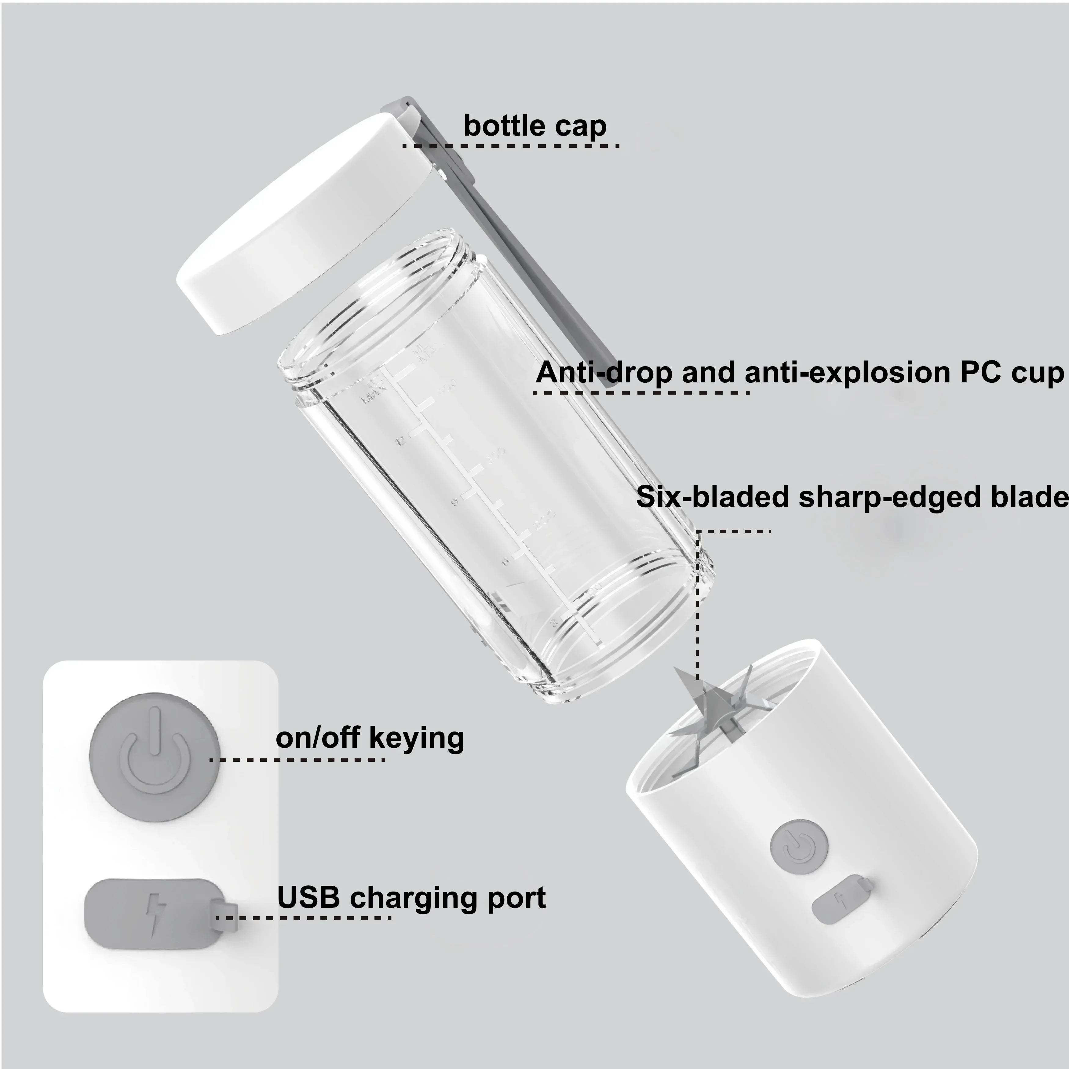 Mini Licuadora Portátil 450ml USB con 6 Cuchillas de Acero
