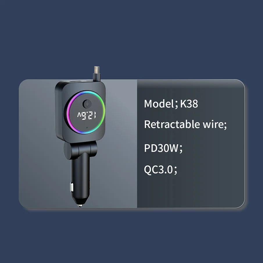 Cargador de Auto Retráctil 60W con Cable Tipo C PD30W y QC3.0 USB