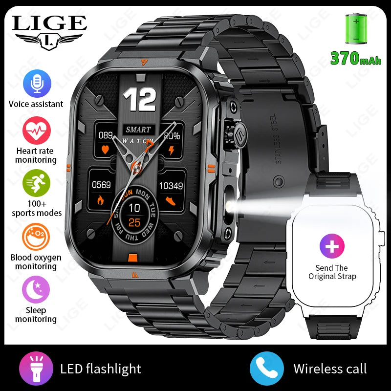 LIGE Reloj Inteligente Militar IP68 Linterna