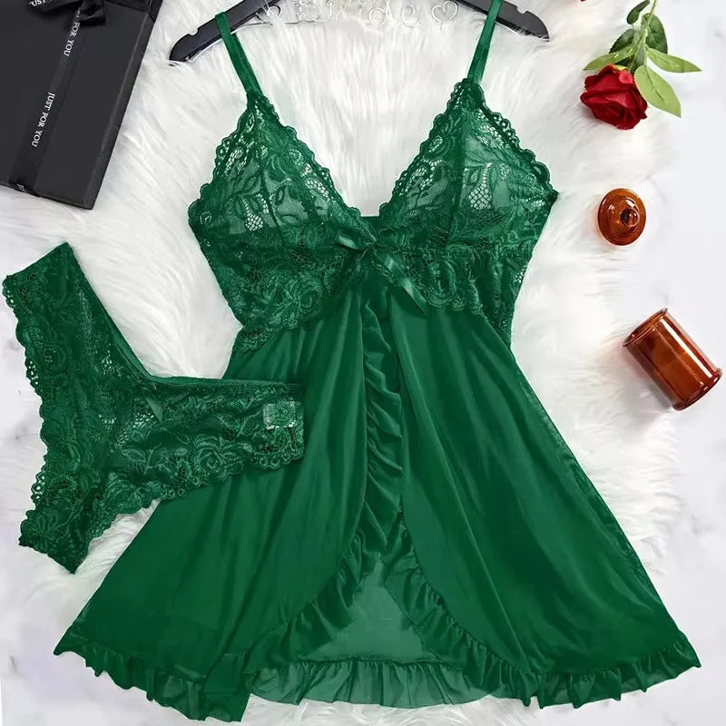 Conjunto de 2 Piezas de Camisón de Encaje para Mujer, Ropa de Dormir Elegante, Nuevo Pijama Verde Nocturno, Camisón Transparente con Abertura, Conjunto de Brasier y Panty con Cuello en V