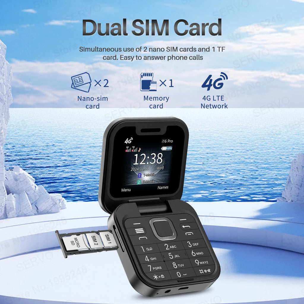SERVO i16 PRO 4G LTE Mini teléfono móvil con tapa Dual SIM llamada en espera grabación velocidad Dial Radio FM pantalla de 1,77 "teléfonos móviles plegables