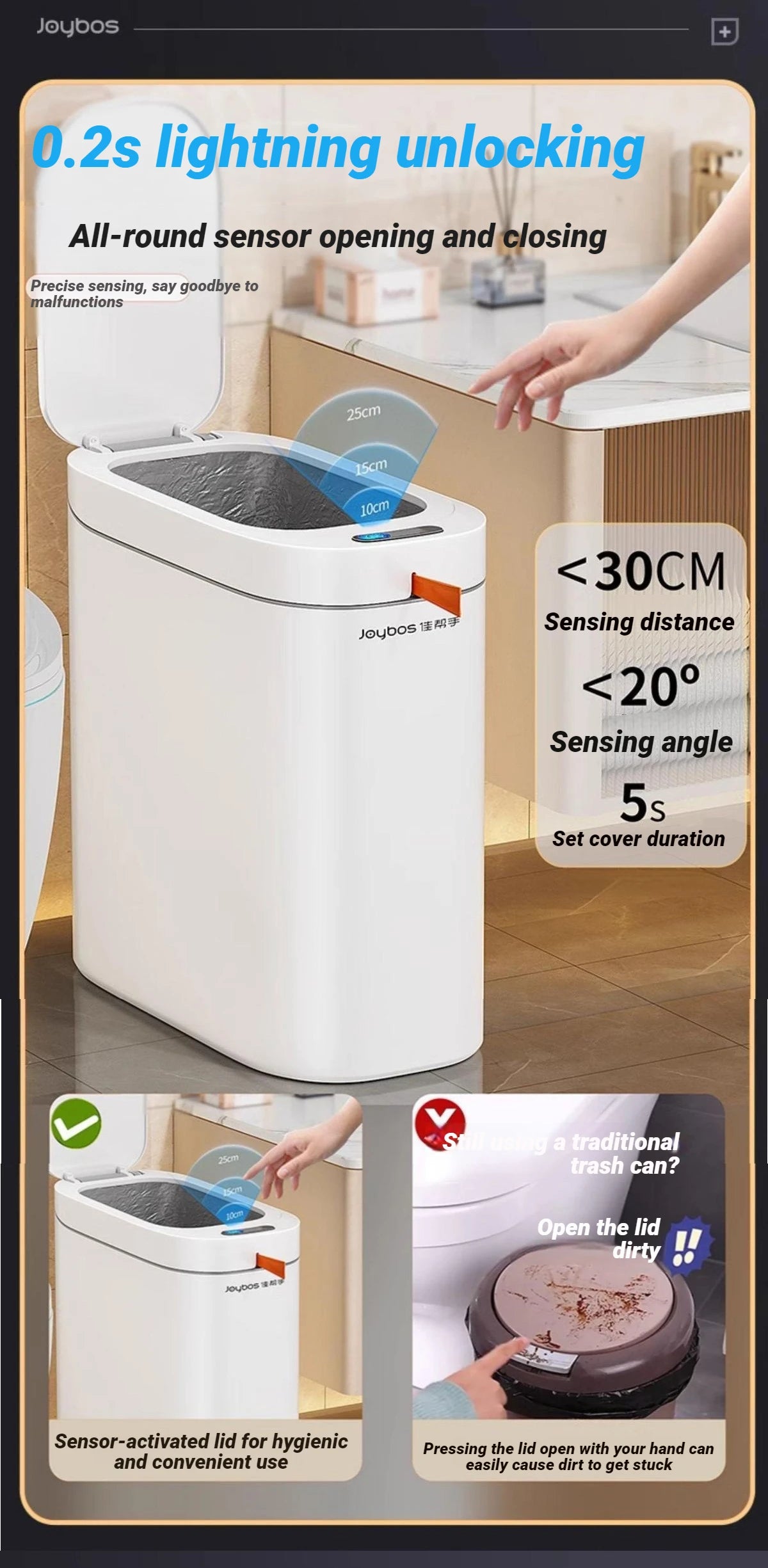 Cubo de basura inteligente Joybos con sensor, impermeable y diseño estrecho