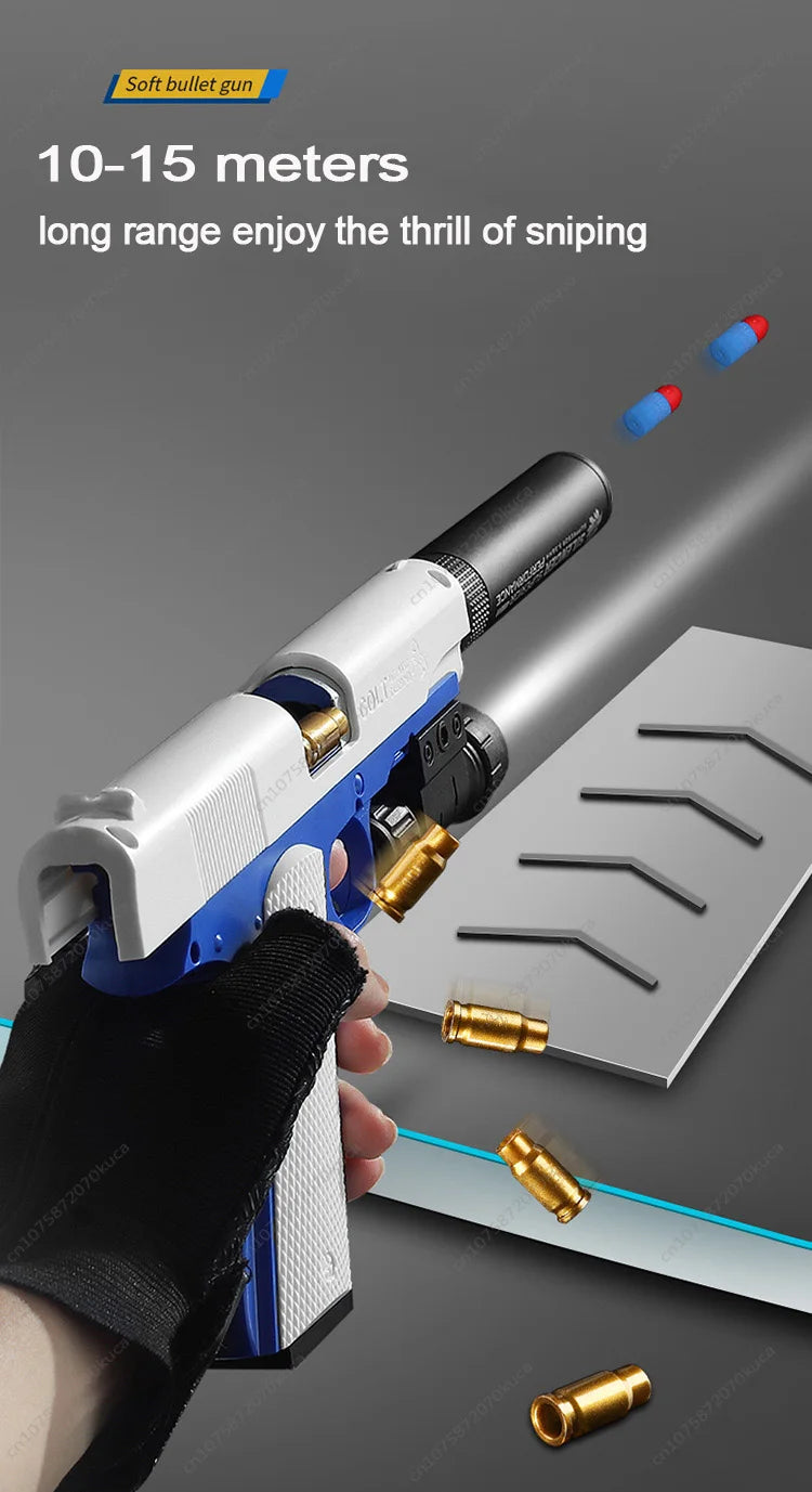 Pistola de juguete M1911 con balas de espuma, expulsión de casquillos, lanzador de dardos de espuma, arma de airsoft manual con silenciador para niños y adultos