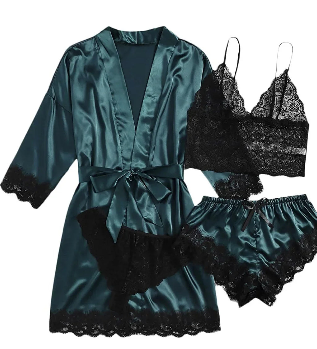 Conjunto de Pijama Sexy para Mujer 4 Piezas con Encaje