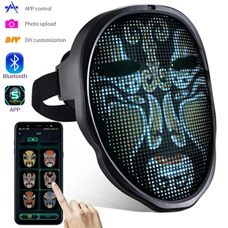 Máscara LED con Bluetooth, controlada por aplicación, cambia la imagen de tu rostro, fotos personalizadas para cosplay, accesorio para disfraz de Halloween.