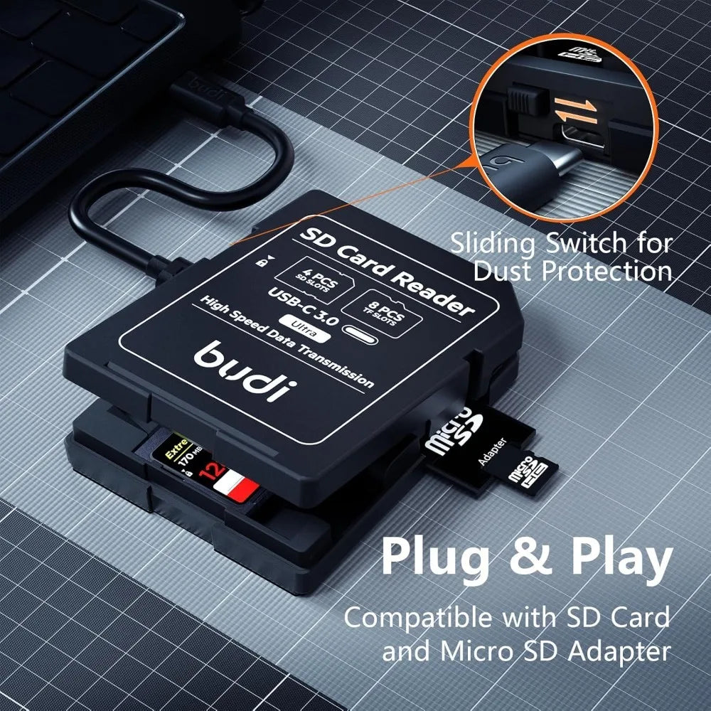 Estuche de Almacenamiento para Tarjetas de Memoria BUDI SD TF con Lector de 12 Ranuras, USB Tipo-C, Transmisión de Datos de Alta Velocidad para Fotografía Digital