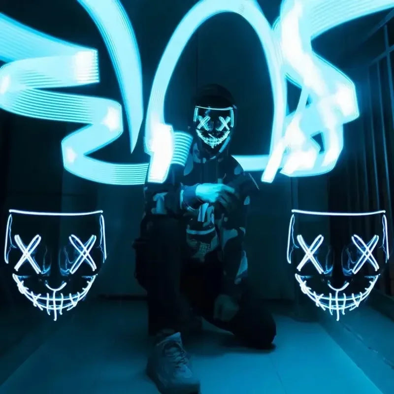 Máscara LED de neón iluminada inalámbrica para Halloween, máscara de terror, accesorio para disfraces de carnaval, cosplay y fiestas.