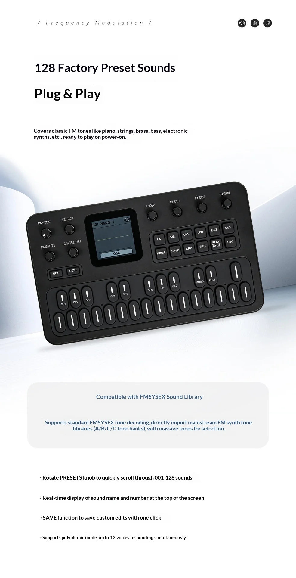 Sintetizador FM Portátil M-Vave FM-1, 6 Operadores, 32 Algoritmos, 128 Preajustes, Altavoz Integrado, Bluetooth, MIDI, Batería de 12h, Regalo Navideño