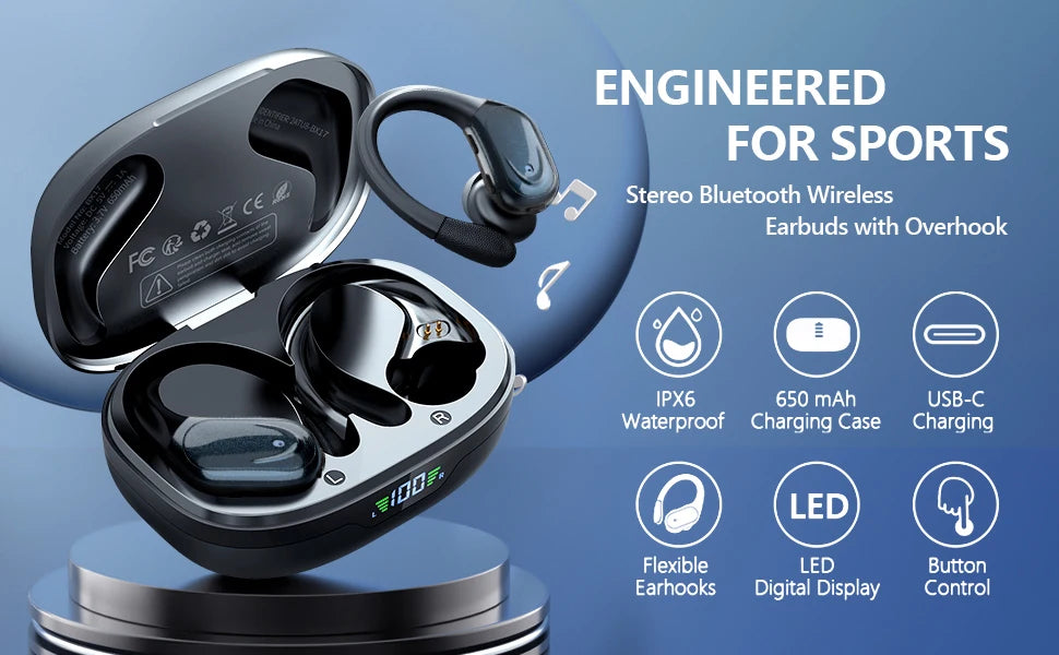 Auriculares Bluetooth 5.3 TWS Deportivos con Gancho y IPX6