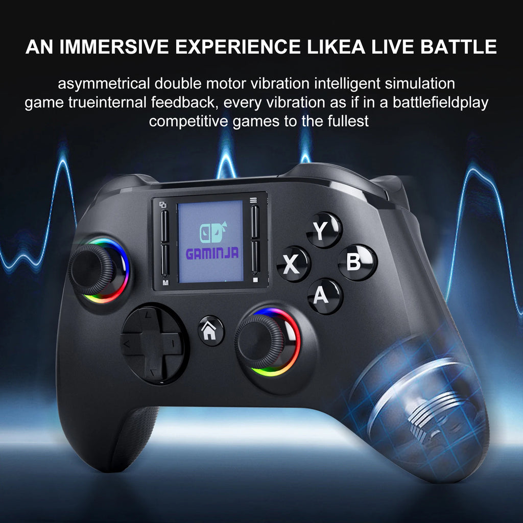 GAMINJA 6162 controlador inalámbrico de pantalla inteligente de 1,44 pulgadas para Switch P4 iOS Android PC TV doble Hall Joystick calibración luz RGB