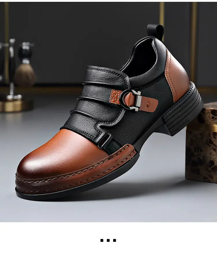 Mocasines con hebilla y cremallera para hombre, cuero genuino, tacón cuadrado