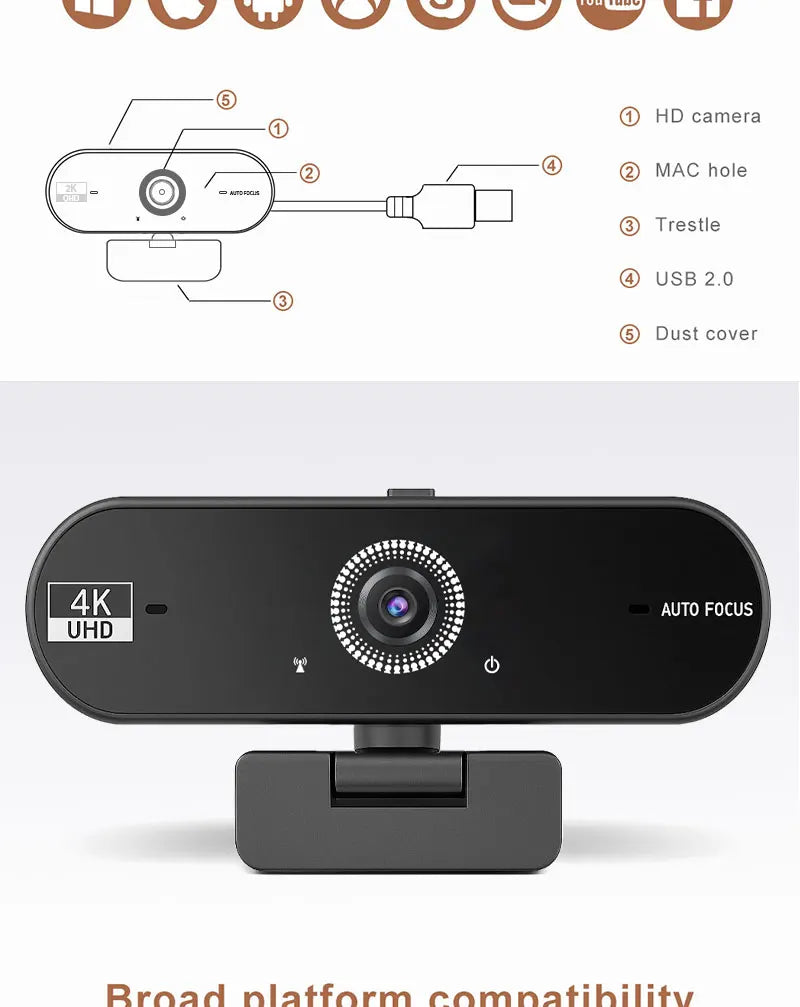 Cámara web 4K con enfoque automático y micrófono con cancelación de ruido