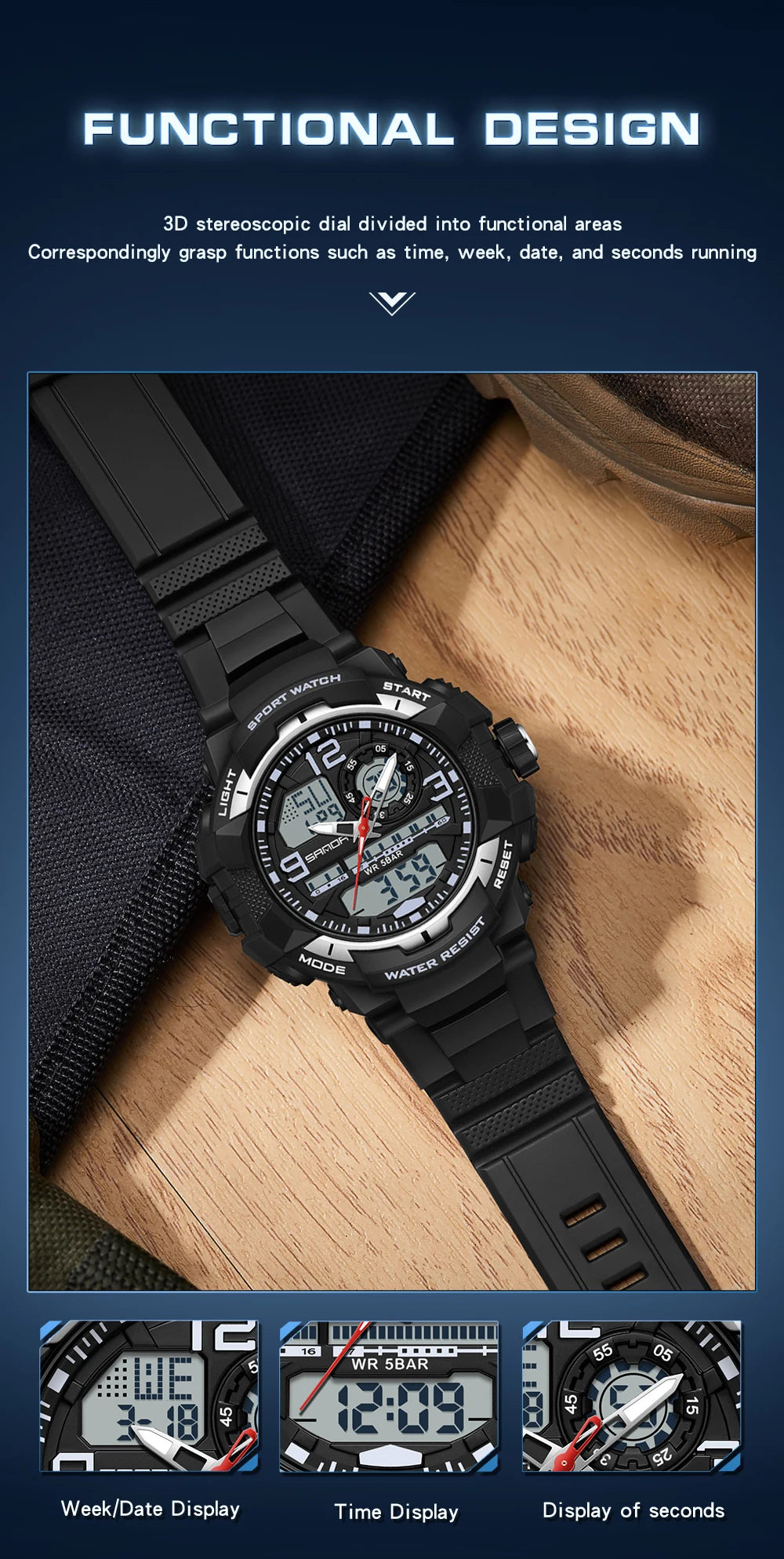 Reloj Deportivo SANDA Doble Pantalla para Hombre con Cronómetro