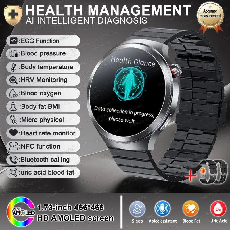 Nuevo Reloj Inteligente con Pantalla de Cristal de Zafiro de 1.73 Pulgadas, Monitor de Salud, Ácido Úrico, Grasa en Sangre, Presión Arterial, ECG+PPG, Análisis Corporal, para Hombre
