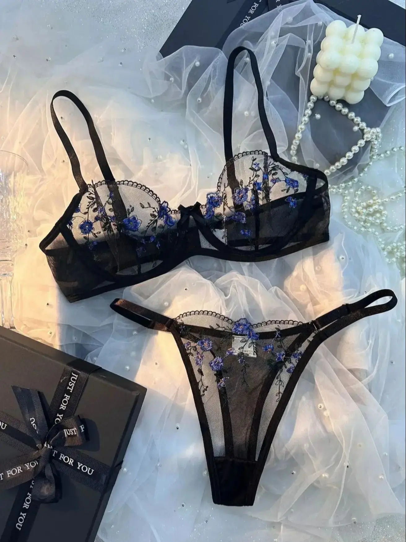 Conjunto de Sujetador y Bragas Ultrafino con Estampado Floral para Mujer
