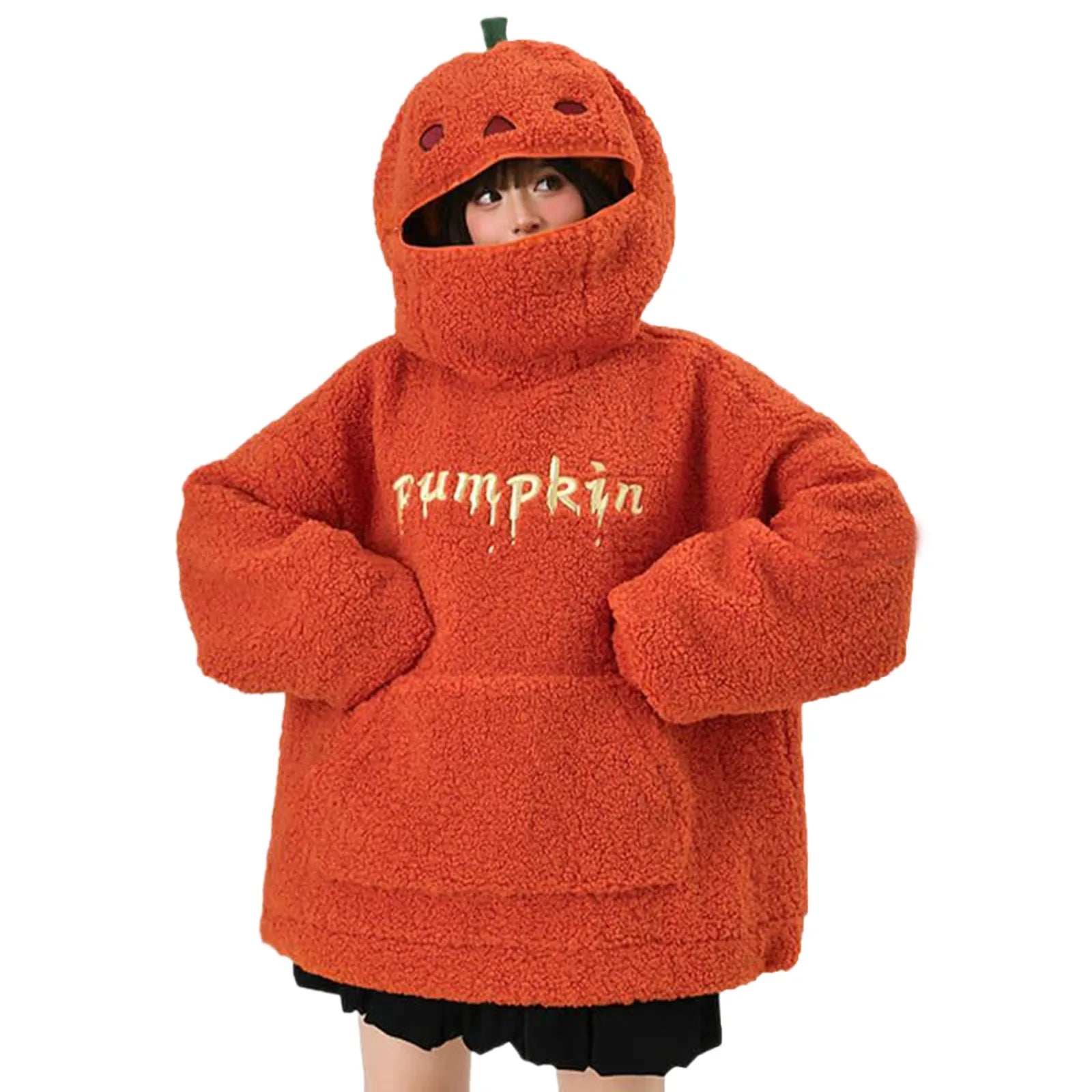 2025 otoño sudaderas con capucha de calabaza fiesta de Halloween cabeza de calabaza polar de cordero mujeres Sudadera con capucha bordado ropa de calle gruesa